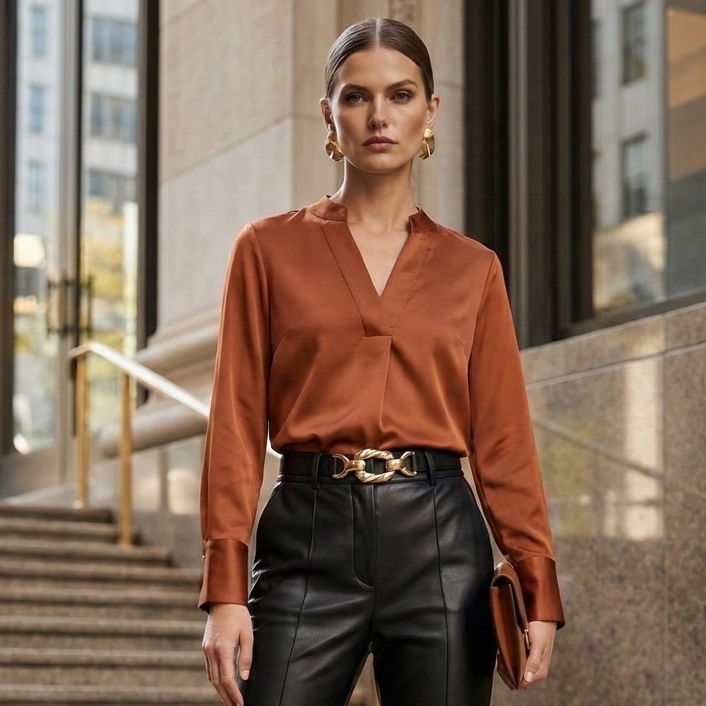 H&M Satin V Neck Long Sleeve Tunic‎ Blouse Shirt Copper Brown Women 2 Neutral